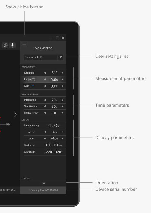 The Parameters Menu of the on the Accuracy Pro App